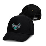 A black cap featuring a logo with wings, displaying a sleek design. The back has an adjustable strap.
