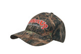 A camouflage six-panel cap in shades of brown and green, featuring a logo on the front.