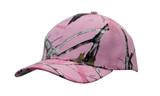 A pink cap featuring True Timber camouflage patterns with branches and leaves, including a logo on the front.