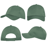 A green cap with a rounded crown and curved brim, displayed from multiple angles. It features an adjustable strap and a logo.