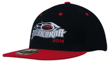 A two-tone cap featuring a black body and a red brim, with a logo and embroidery. It has a branded tag on the underside.