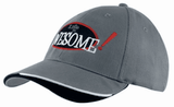 A grey cap with an indented peak and a logo featuring the words "Life is AWESOME!" in red and white.