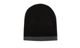 A two-tone beanie in black with a grey roll-down cuff. Features a simple design and has a logo.