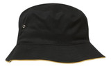 A black bucket hat with a yellow trim and a logo on the side.