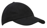 A black cap with a curved brim and a fitted design, featuring a small logo on the side.