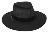 A black safari hat with a wide brim, featuring a mesh top and a leather band. The hat also has a logo.