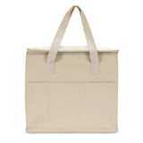 A cream cooler bag with two handles and a front pocket, featuring a simple design and a logo.