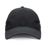 A black sports cap featuring a breathable mesh design and a structured peak. It has a logo on the front.