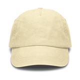 A vintage washed cap in a soft cream colour with a curved brim. It features a logo on the front.
