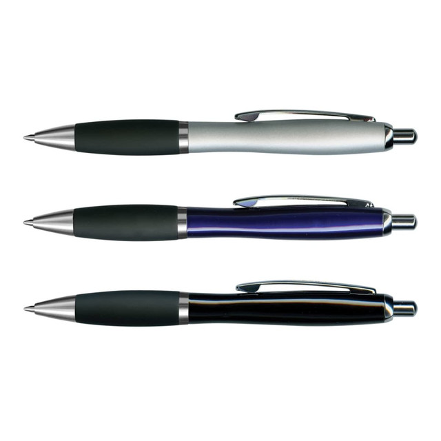 A collection of three metal pens in silver, blue, and black, each with a textured grip and chrome accents.