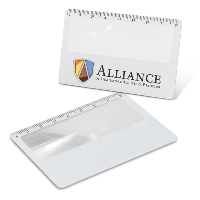 A clear card magnifier with a ruler feature and a logo, designed for convenience.