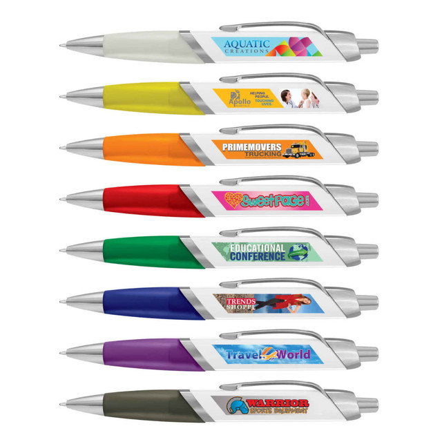 An assortment of eight plastic pens in various colours, each featuring a logo or branding on the barrel.