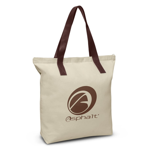 A beige tote bag with brown handles featuring a logo on the front.