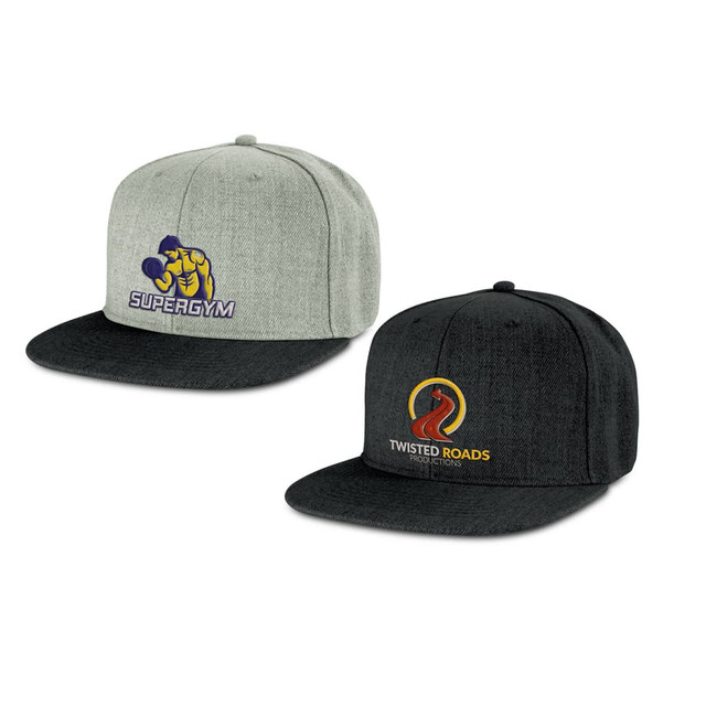 Two chisel flat peak caps are displayed, one grey with a logo and one black with a different logo.
