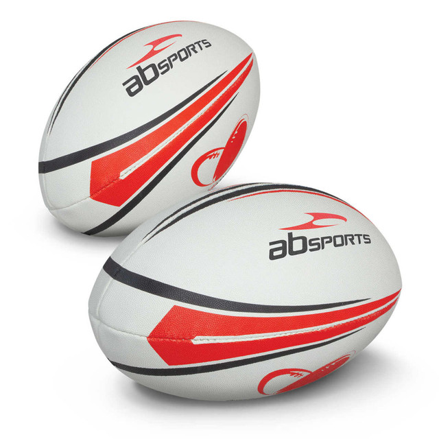 A rugby league ball featuring a white base with red and black accents, and a branding logo.