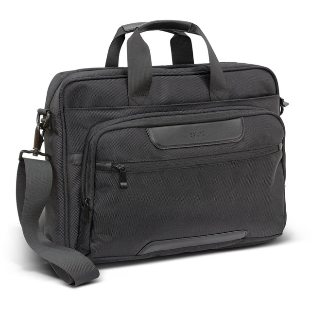 A grey laptop bag with multiple compartments, featuring a shoulder strap and handle, along with a logo.