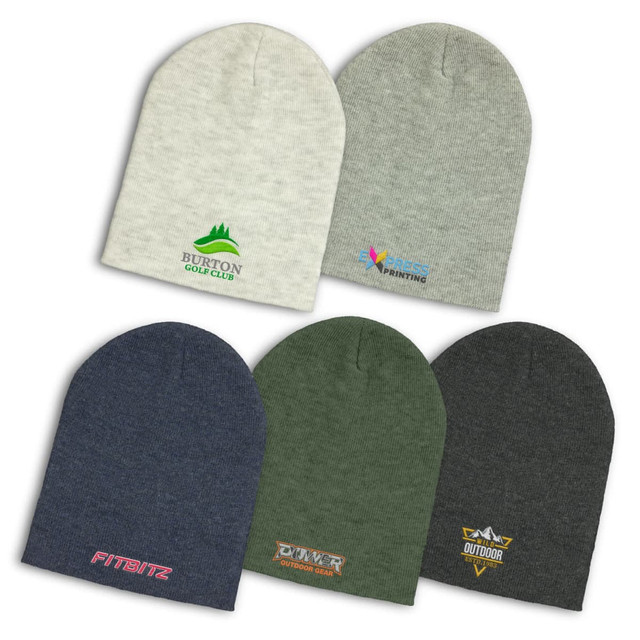 A collection of Heather Slouch Beanies in grey, navy, green, and dark charcoal, featuring various logos.