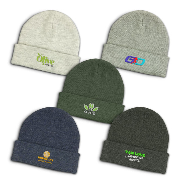 Five beanies in various colours: light grey, dark green, navy blue, and olive green, each with distinct logos.