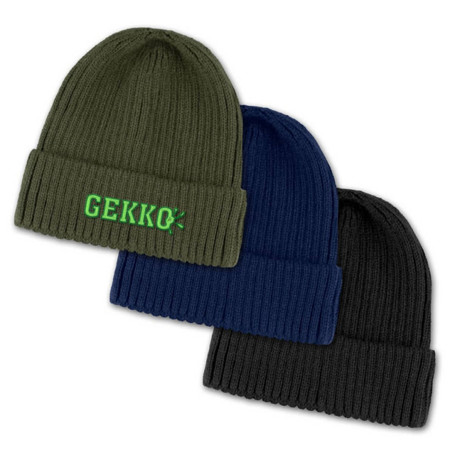 Three knitted beanies in olive green, navy blue, and black, each featuring a logo on the front.