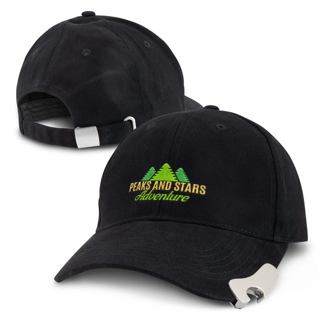 A drink bottle opener cap in black with a logo featuring green trees, designed as a baseball cap.