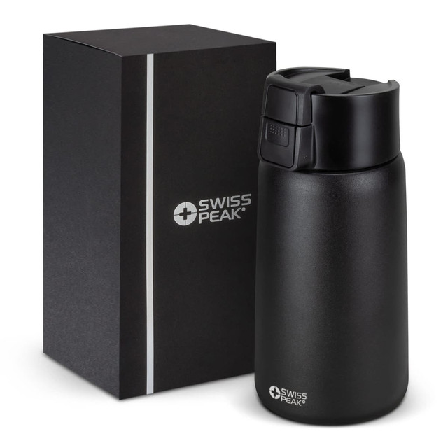 A drink bottle in matte black with a sleek design, alongside a black boxed packaging. It features a logo.