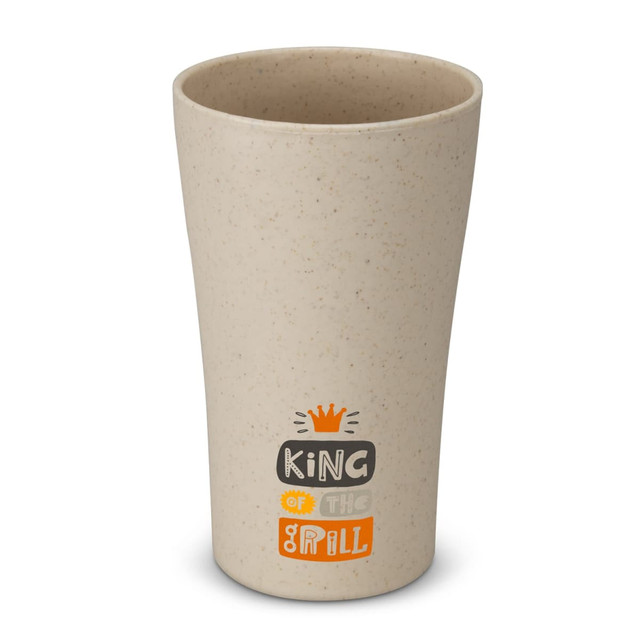 A drink tumbler in a speckled beige colour with a logo. Suitable for use as drinkware.