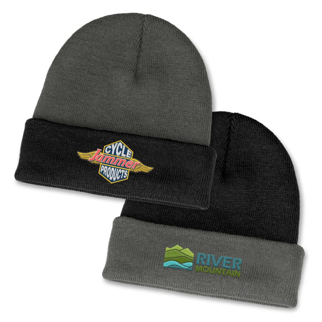 A two-toned beanie featuring a grey body and black cuff, with logos on both sides.