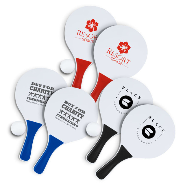 A set of paddle ball games featuring red, blue, black, and white paddles with different logos and a ball.
