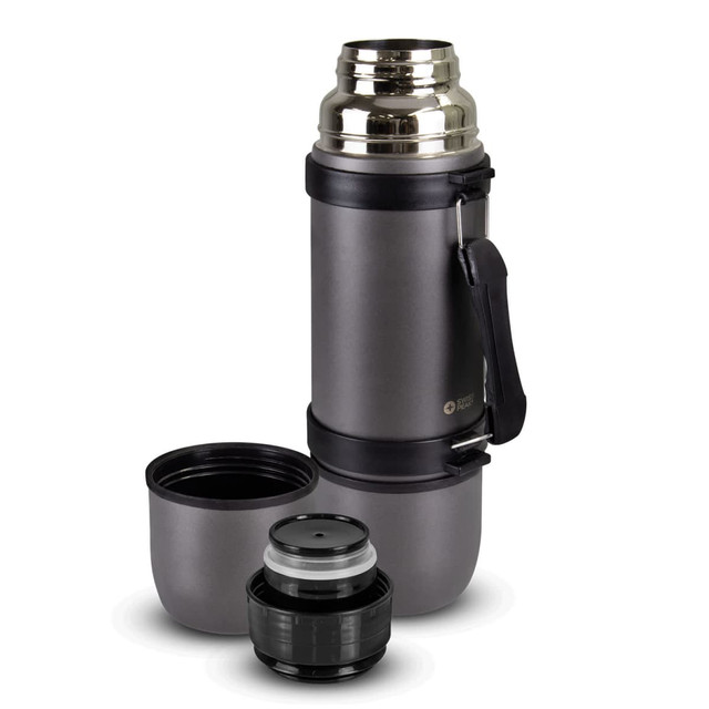 A drink bottle in grey with a stainless-steel top, featuring a removable cup and a carrying handle.
