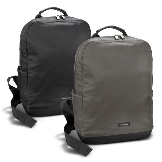Two Moleskine Ripstop Backpacks in black and olive green, featuring a logo and adjustable straps.