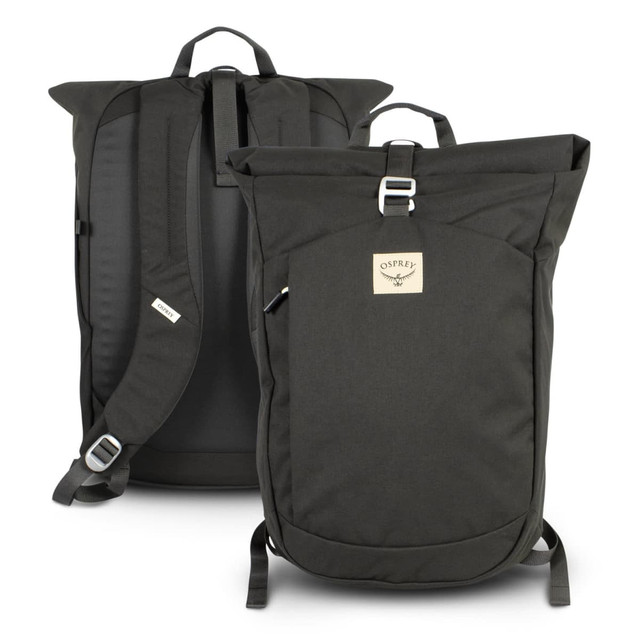A roll top backpack in dark green with adjustable straps and a logo on the front. Features a minimalist design.