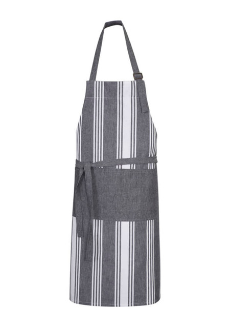 A striped grey and white apron with a tie waistband and adjustable neck strap, featuring a logo.