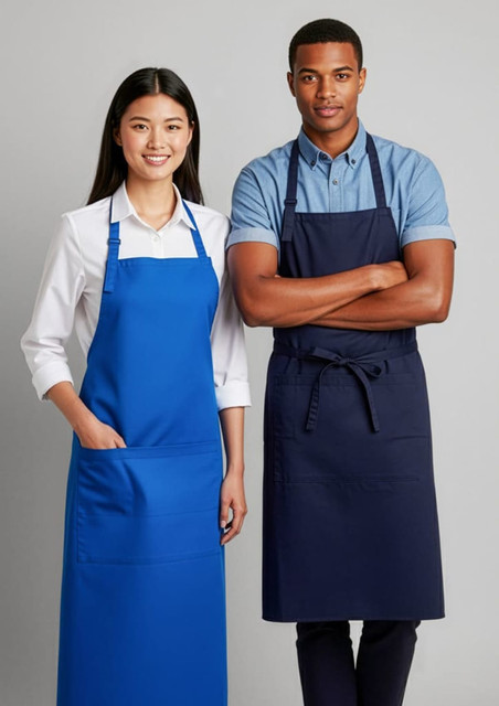 A blue bib apron worn by a woman and a navy bib apron worn by a man, both with pockets, against a neutral background.