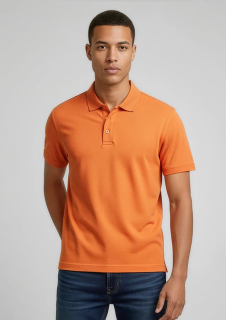 An orange men's polo shirt with a collar and short sleeves, featuring a logo on the chest.