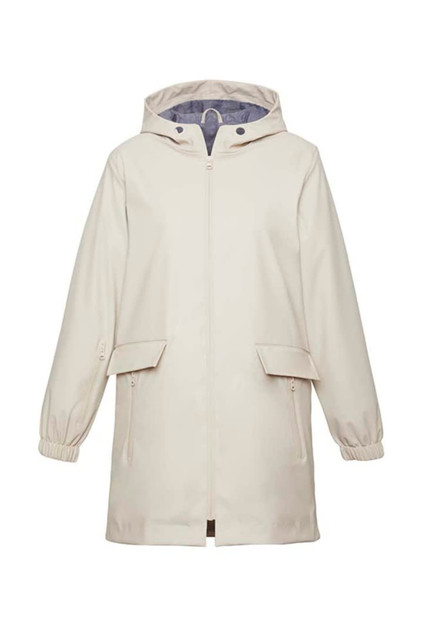 A women's cream overcoat with a hood, featuring zippered pockets and elasticised cuffs. It has a simple design and a branded tag.