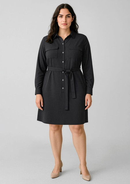 A black women's dress featuring a button-up front, two chest pockets, and a tie belt at the waist.