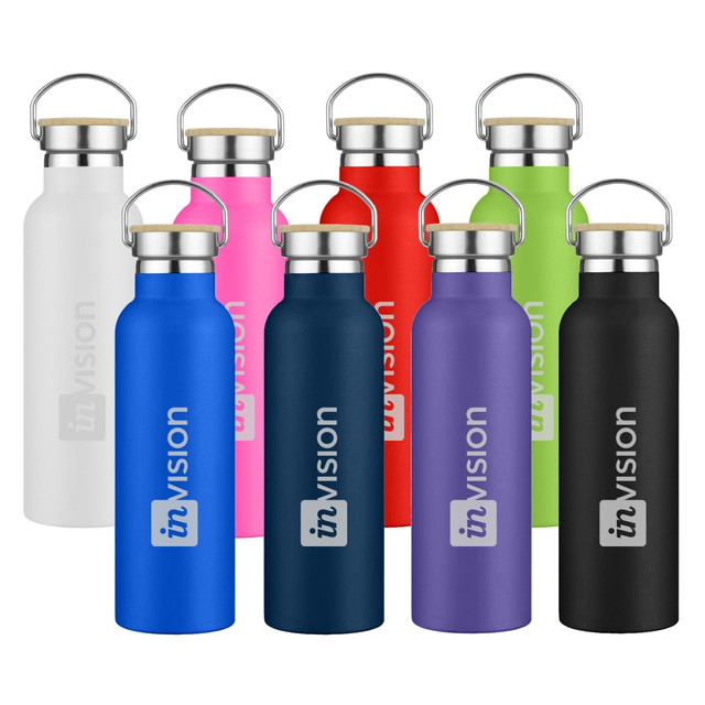 A drink bottle collection featuring various colours: white, pink, green, red, blue, purple, black, and stainless steel. Each has a branding logo.