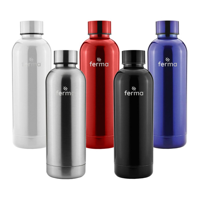 A drink bottle collection featuring stainless steel, red, black, white, and blue options, each with a logo.