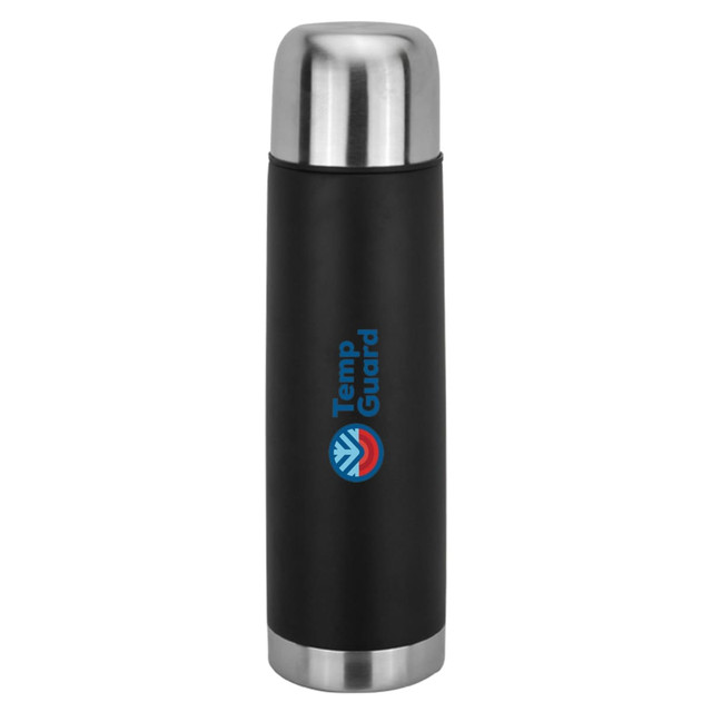 A drink bottle in black with a stainless steel top and a logo. It is designed for keeping beverages hot or cold.