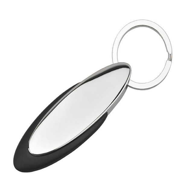 A sleek, oval key ring with a shiny silver surface and a black rubber grip. It features a metal key ring attachment.