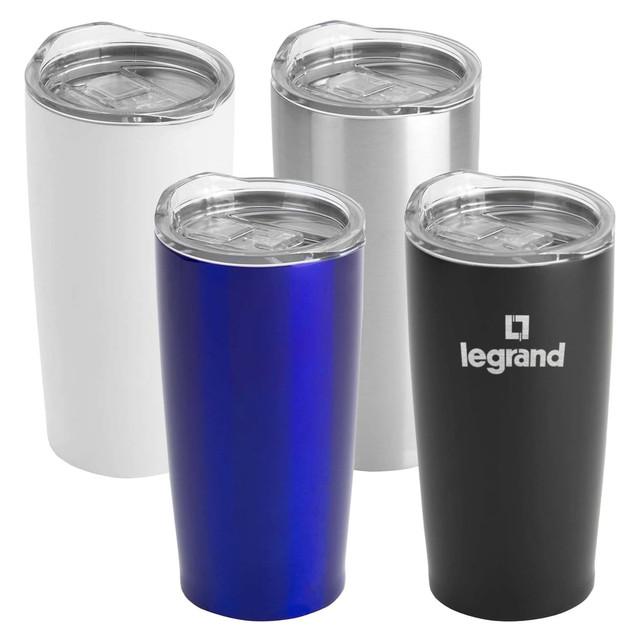 A set of four travel mugs in white, silver, blue, and black, each with a clear lid and one featuring a logo.