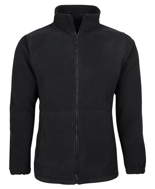 A black polar fleece jacket featuring a zip front and side pockets, with elastic cuffs and a collar.