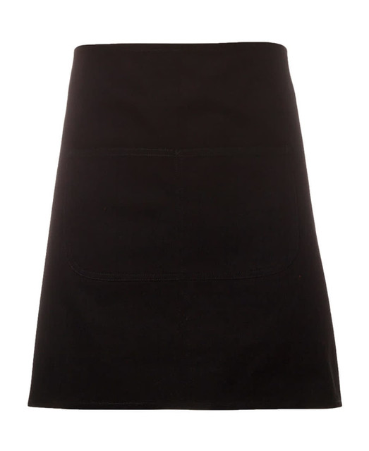 A black canvas waist apron featuring a large front pocket and a strap. Includes a logo on the design.