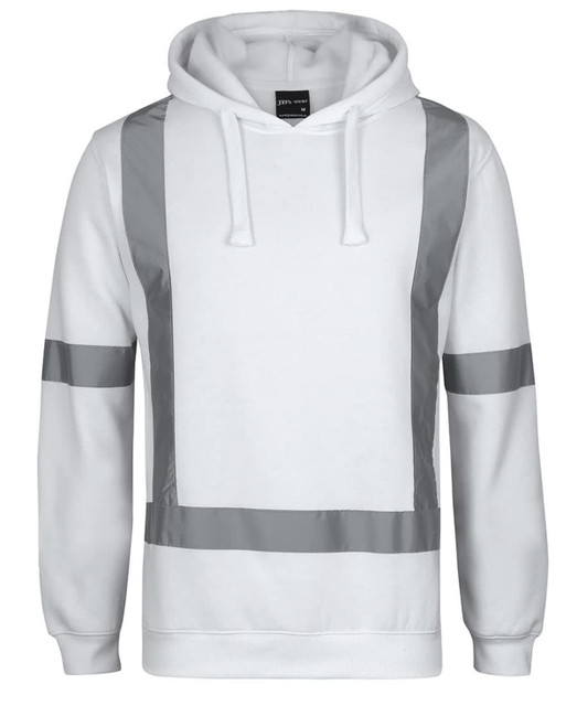 A white fleece hoodie featuring reflective tape details and a front pocket, with a logo on the label.