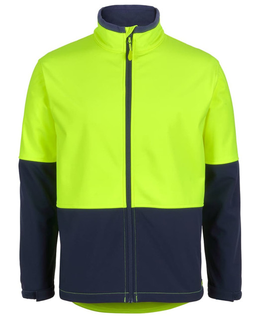A vibrant high-visibility yellow and navy three-layer softshell jacket with a front zipper and a logo.