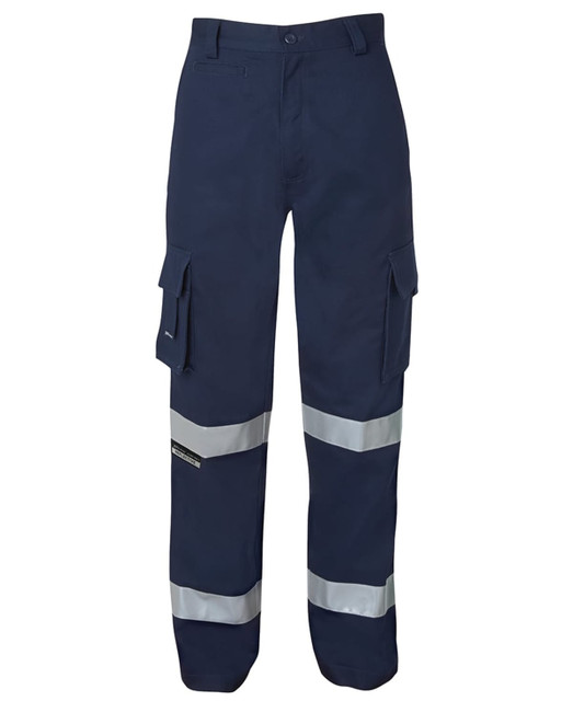 A pair of navy work pants with multiple pockets and reflective tape details. Features a logo on the product.