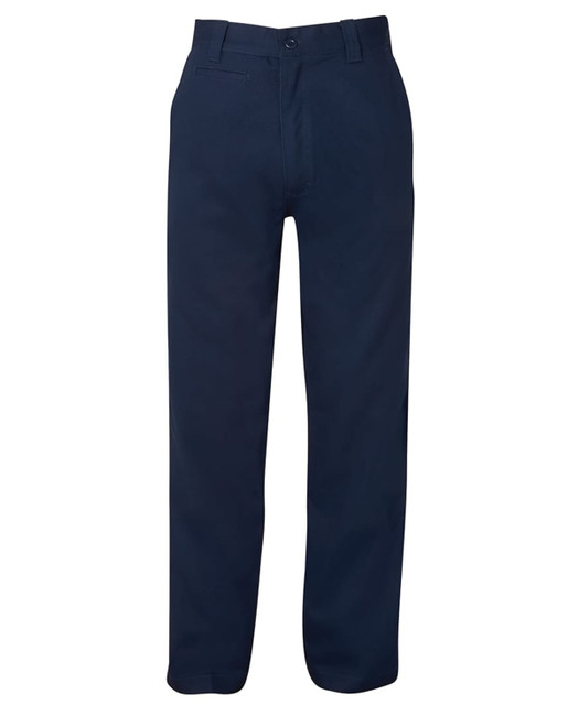 Navy blue work trousers featuring a classic design, with pockets and a branded logo. Suitable for workwear.