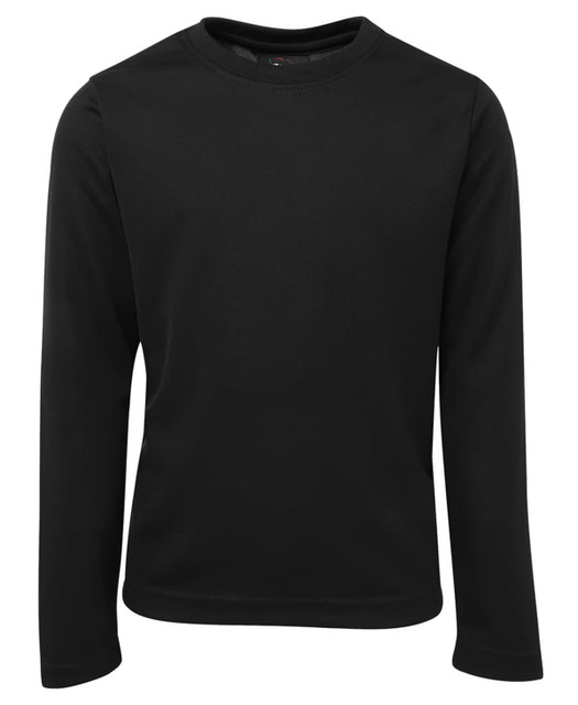 A black long-sleeve t-shirt with a round neckline and a logo on the front. Made from a lightweight material.