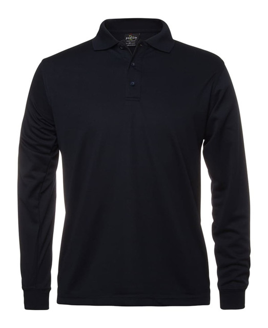 A black long-sleeve polo shirt featuring a collar and a button placket, with a logo on the chest.