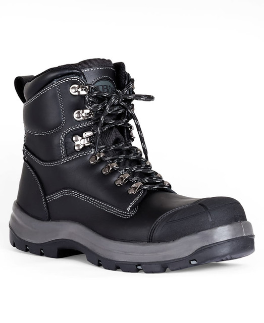 A black safety boot with a lace-up design, featuring a padded collar and a protective toe cap. It has a logo.